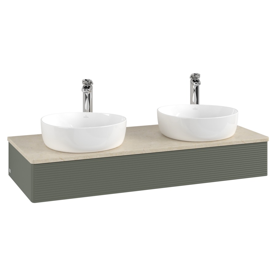 Élément inférieur  Antao
120 x 19 x 50 cm
élément de tiroir, 1&nbsp;tiroir
avec siphon gain de place
avec matériel de fixation
pour 2 lavabos à poser 101037/101038/234182
recouvrement Botticino, avec trou pour robinet