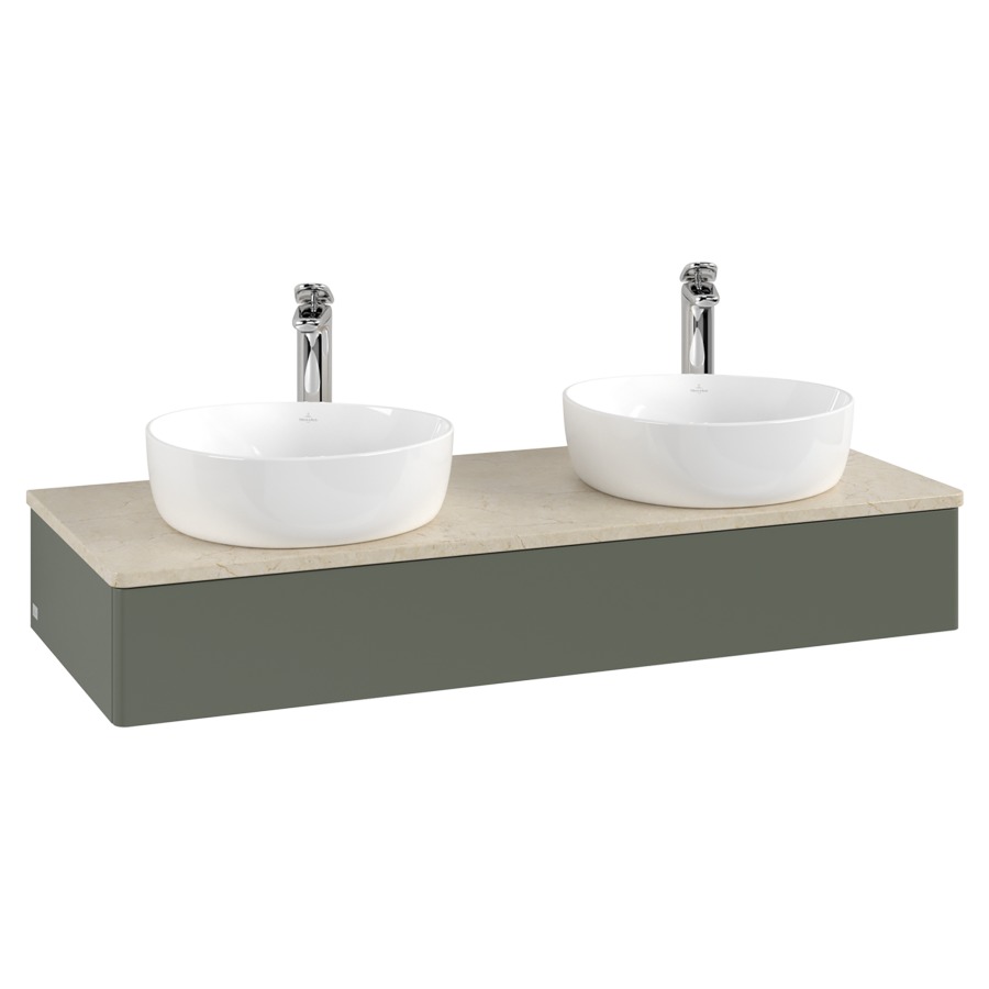 Élément inférieur  Antao
120 x 19 x 50 cm
élément de tiroir, 1&nbsp;tiroir
avec siphon gain de place
avec matériel de fixation
pour 2 lavabos à poser 101037/101038/234182
recouvrement Botticino, avec trou pour robinet