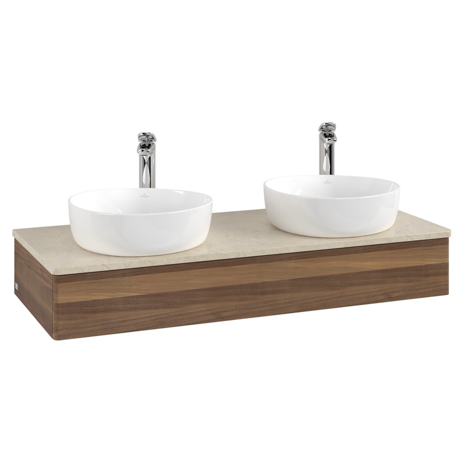 Élément inférieur  Antao
120 x 19 x 50 cm
élément de tiroir, 1&nbsp;tiroir
avec siphon gain de place
avec matériel de fixation
pour 2 lavabos à poser 101037/101038/234182
recouvrement Botticino, avec trou pour robinet