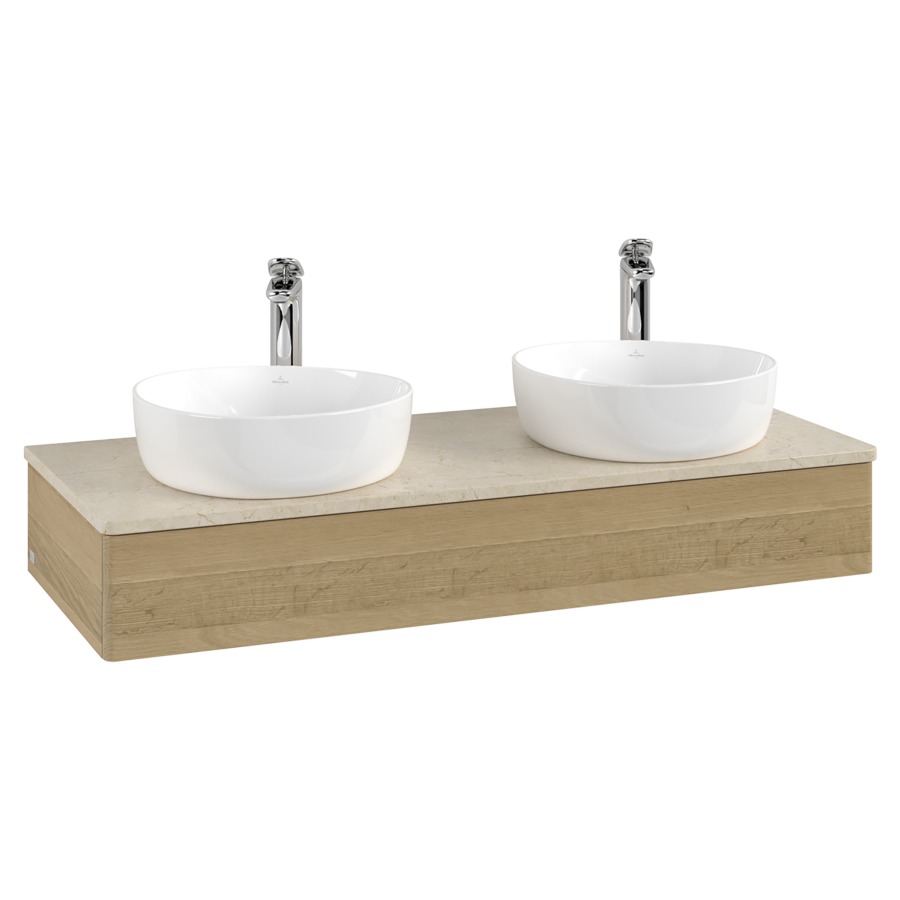 Élément inférieur  Antao
120 x 19 x 50 cm
élément de tiroir, 1&nbsp;tiroir
avec siphon gain de place
avec matériel de fixation
pour 2 lavabos à poser 101037/101038/234182
recouvrement Botticino, avec trou pour robinet