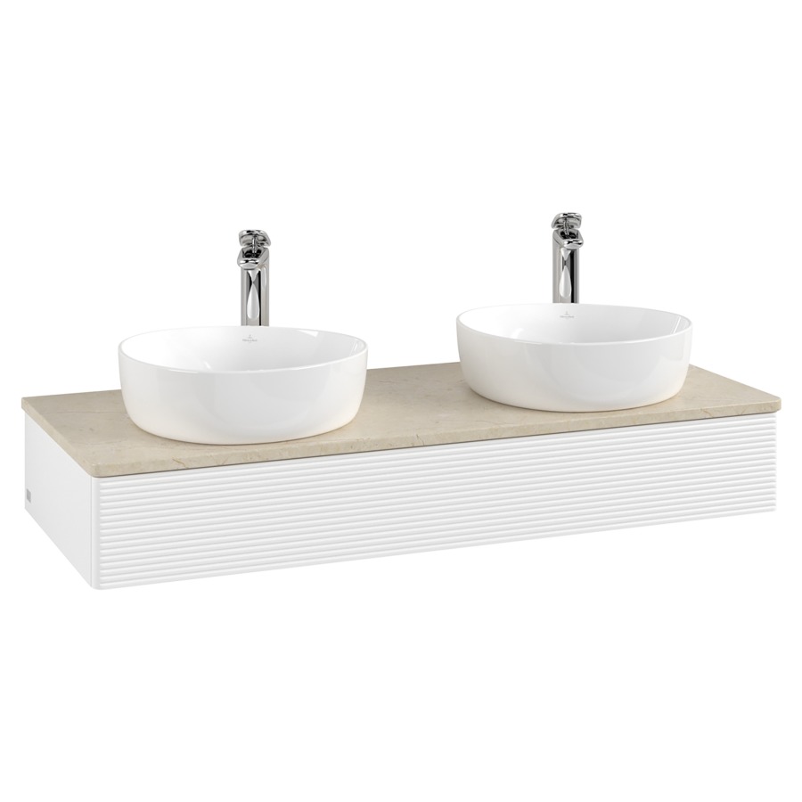 Élément inférieur  Antao
120 x 19 x 50 cm
élément de tiroir, 1&nbsp;tiroir
avec siphon gain de place
avec matériel de fixation
pour 2 lavabos à poser 101037/101038/234182
recouvrement Botticino, avec trou pour robinet