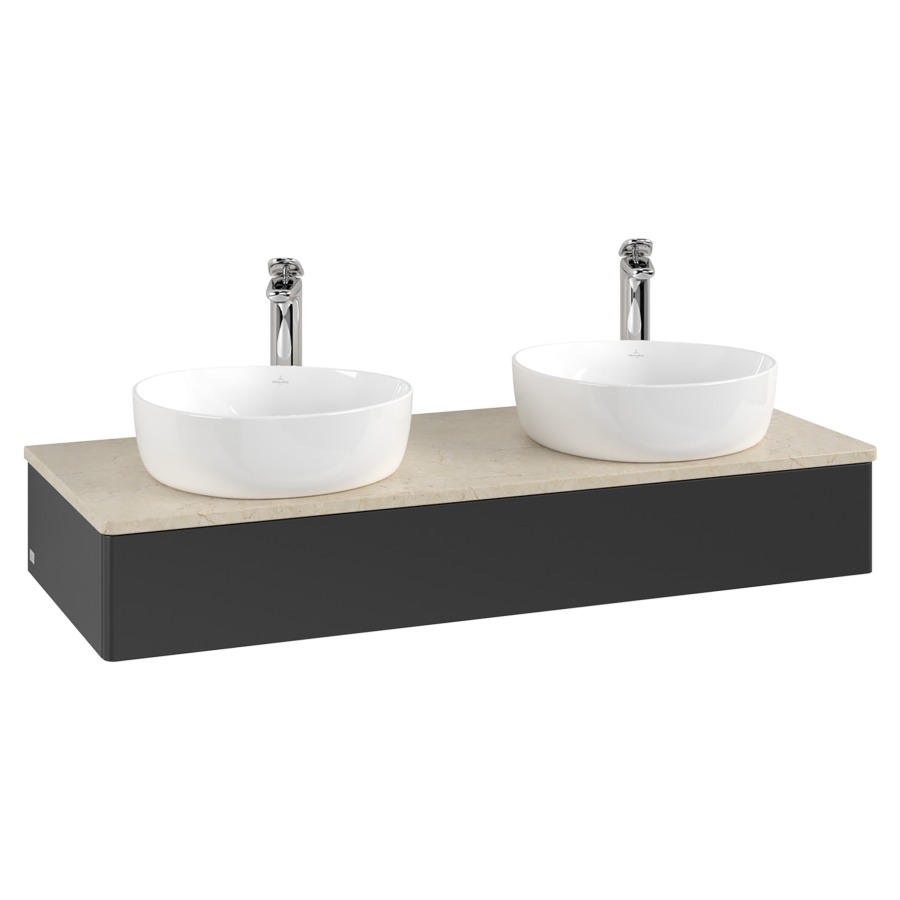 Élément inférieur  Antao
120 x 19 x 50 cm
élément de tiroir, 1&nbsp;tiroir
avec siphon gain de place
avec matériel de fixation
pour 2 lavabos à poser 101037/101038/234182
recouvrement Botticino, avec trou pour robinet