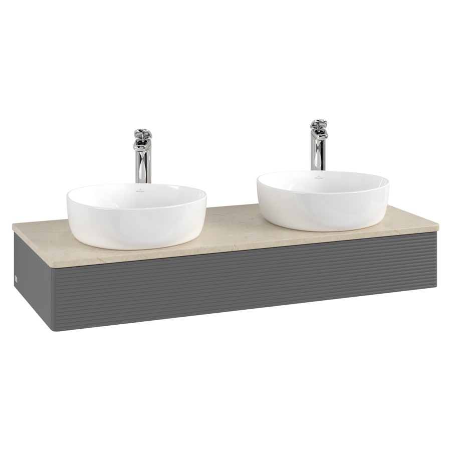 Élément inférieur  Antao
120 x 19 x 50 cm
élément de tiroir, 1&nbsp;tiroir
avec siphon gain de place
avec matériel de fixation
pour 2 lavabos à poser 101037/101038/234182
recouvrement Botticino, avec trou pour robinet