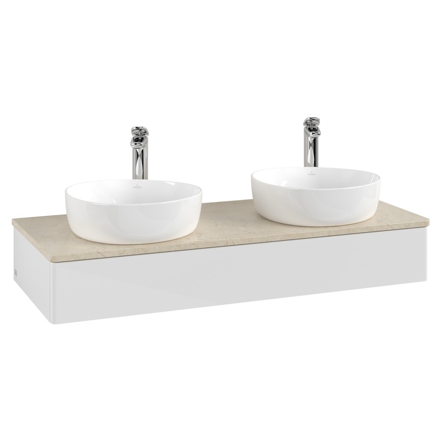 Élément inférieur  Antao
120 x 19 x 50 cm
élément de tiroir, 1&nbsp;tiroir
avec siphon gain de place
avec matériel de fixation
pour 2 lavabos à poser 101037/101038/234182
recouvrement Botticino, avec trou pour robinet