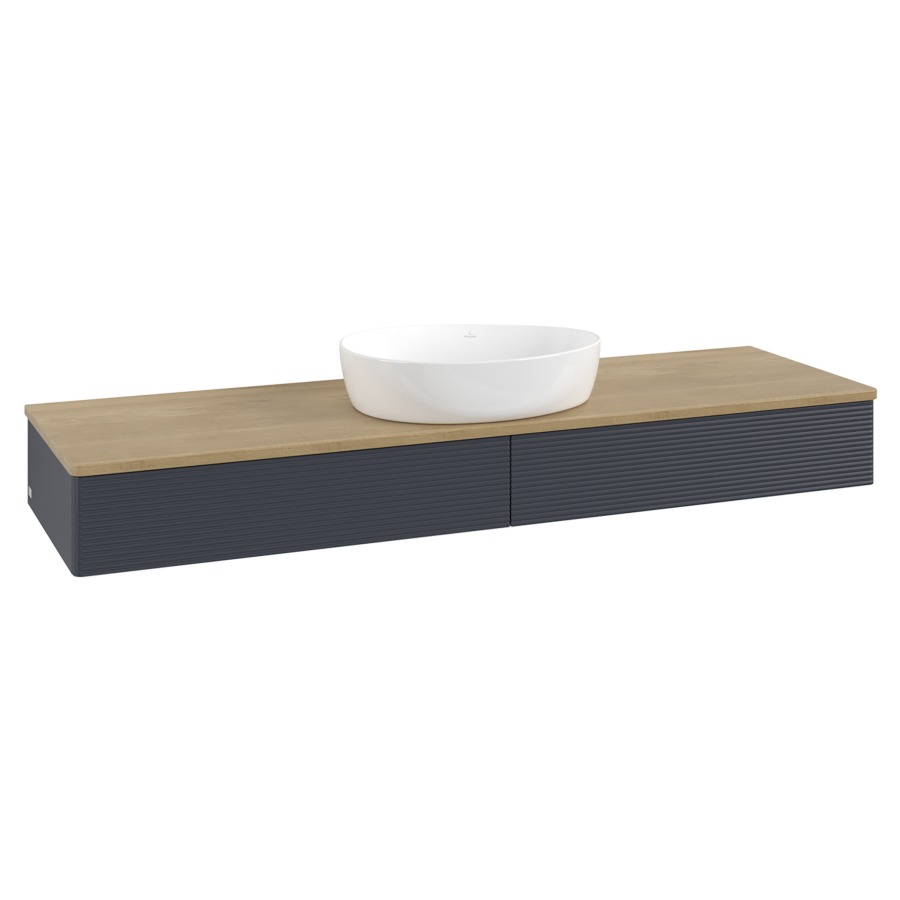 Élément inférieur  Antao
160 x 19 x 50 cm
2&nbsp;éléments de tiroir, 1&nbsp;tiroir chacune
avec siphon gain de place
avec matériel de fixation
pour 1 lavabo à poser 234171/234172/234173
recouvrement Honey Oak
sans trou pour robinet