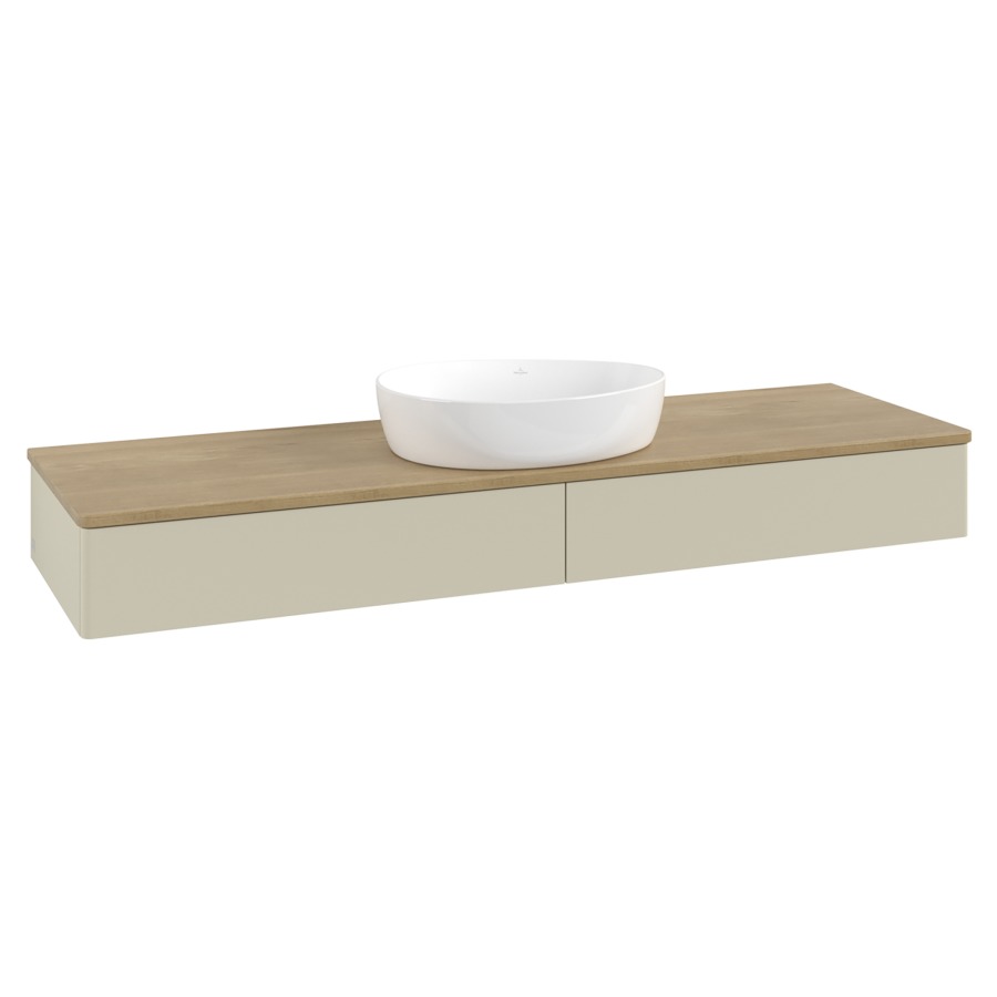 Élément inférieur  Antao
160 x 19 x 50 cm
2&nbsp;éléments de tiroir, 1&nbsp;tiroir chacune
avec siphon gain de place
avec matériel de fixation
pour 1 lavabo à poser 234171/234172/234173
recouvrement Honey Oak
sans trou pour robinet