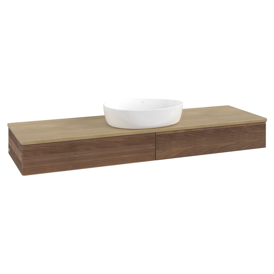 Élément inférieur  Antao
160 x 19 x 50 cm
2&nbsp;éléments de tiroir, 1&nbsp;tiroir chacune
avec siphon gain de place
avec matériel de fixation
pour 1 lavabo à poser 234171/234172/234173
recouvrement Honey Oak
sans trou pour robinet