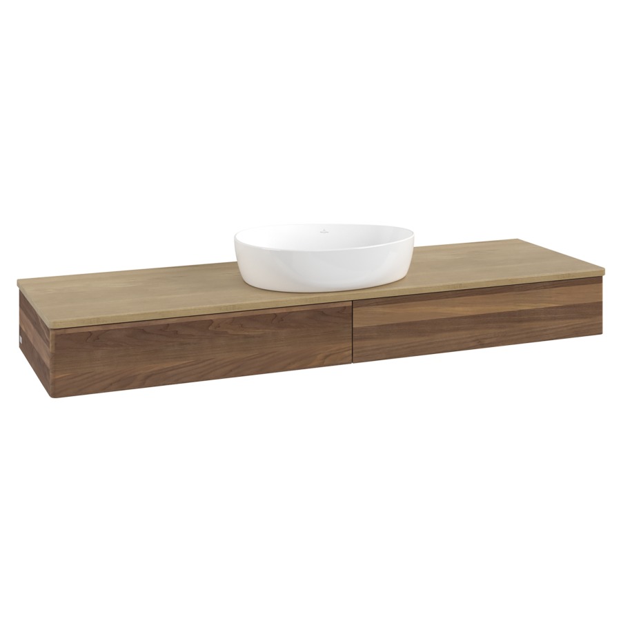 Élément inférieur  Antao
160 x 19 x 50 cm
2&nbsp;éléments de tiroir, 1&nbsp;tiroir chacune
avec siphon gain de place
avec matériel de fixation
pour 1 lavabo à poser 234171/234172/234173
recouvrement Honey Oak
sans trou pour robinet