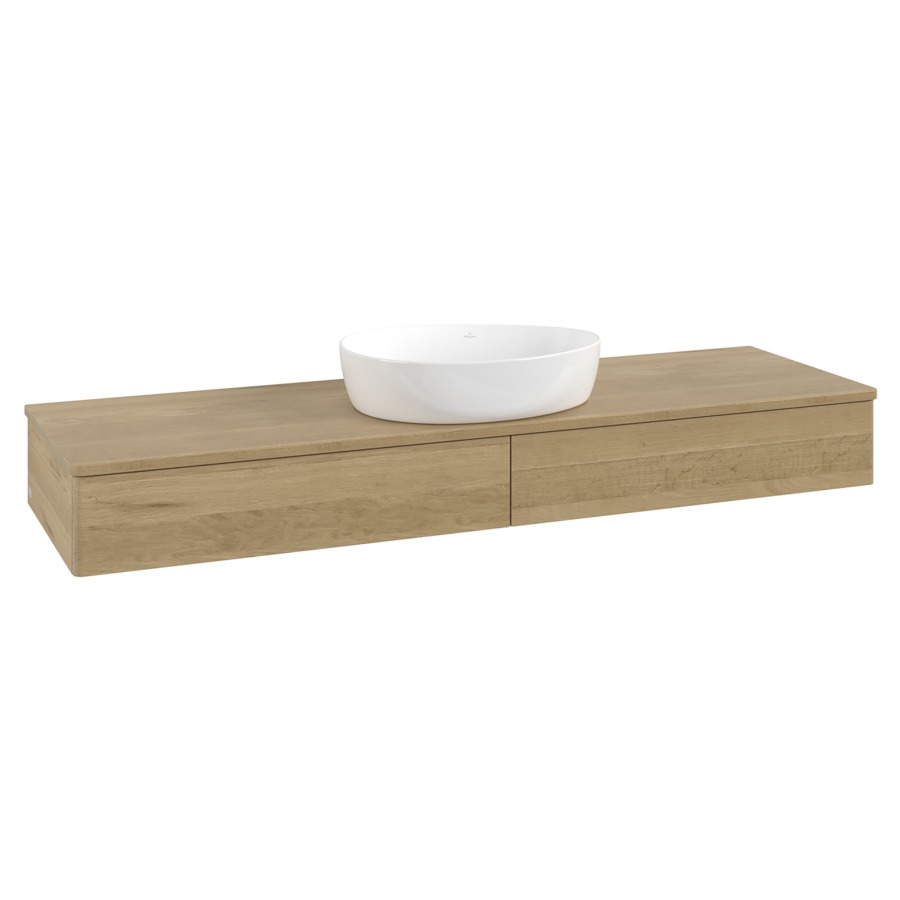 Élément inférieur  Antao
160 x 19 x 50 cm
2&nbsp;éléments de tiroir, 1&nbsp;tiroir chacune
avec siphon gain de place
avec matériel de fixation
pour 1 lavabo à poser 234171/234172/234173
recouvrement Honey Oak
sans trou pour robinet
