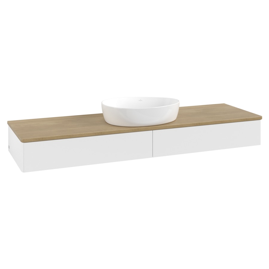 Élément inférieur  Antao
160 x 19 x 50 cm
2&nbsp;éléments de tiroir, 1&nbsp;tiroir chacune
avec siphon gain de place
avec matériel de fixation
pour 1 lavabo à poser 234171/234172/234173
recouvrement Honey Oak
sans trou pour robinet