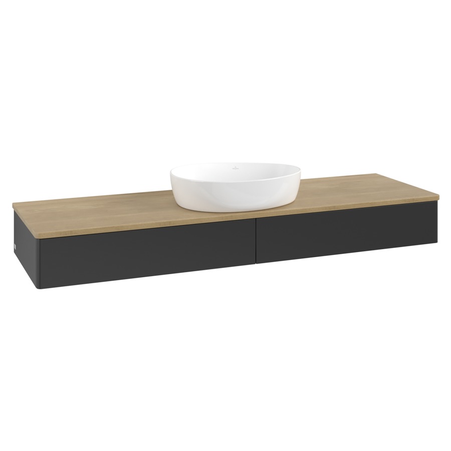 Élément inférieur  Antao
160 x 19 x 50 cm
2&nbsp;éléments de tiroir, 1&nbsp;tiroir chacune
avec siphon gain de place
avec matériel de fixation
pour 1 lavabo à poser 234171/234172/234173
recouvrement Honey Oak
sans trou pour robinet
