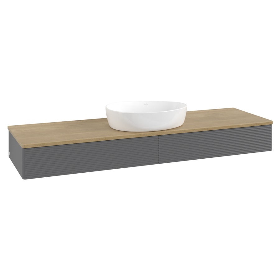 Élément inférieur  Antao
160 x 19 x 50 cm
2&nbsp;éléments de tiroir, 1&nbsp;tiroir chacune
avec siphon gain de place
avec matériel de fixation
pour 1 lavabo à poser 234171/234172/234173
recouvrement Honey Oak
sans trou pour robinet