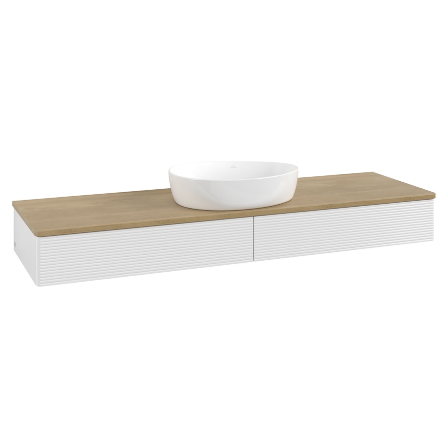 Élément inférieur  Antao
160 x 19 x 50 cm
2&nbsp;éléments de tiroir, 1&nbsp;tiroir chacune
avec siphon gain de place
avec matériel de fixation
pour 1 lavabo à poser 234171/234172/234173
recouvrement Honey Oak
sans trou pour robinet