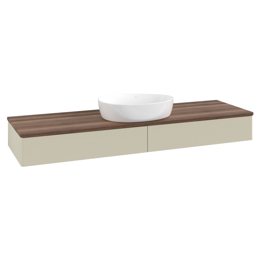 Élément inférieur  Antao
160 x 19 x 50 cm
2&nbsp;éléments de tiroir, 1&nbsp;tiroir chacune
avec siphon gain de place
avec matériel de fixation
pour 1 lavabo à poser 234171/234172/234173
recouvrement Warm Walnut
sans trou pour robinet