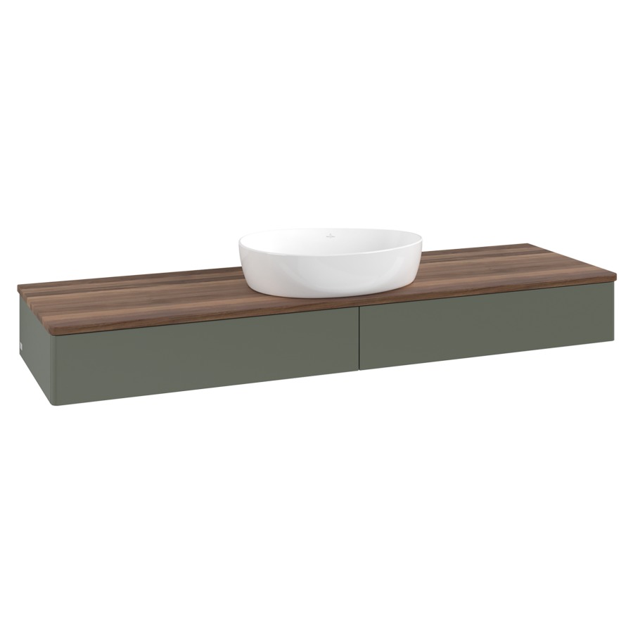 Élément inférieur  Antao
160 x 19 x 50 cm
2&nbsp;éléments de tiroir, 1&nbsp;tiroir chacune
avec siphon gain de place
avec matériel de fixation
pour 1 lavabo à poser 234171/234172/234173
recouvrement Warm Walnut
sans trou pour robinet
