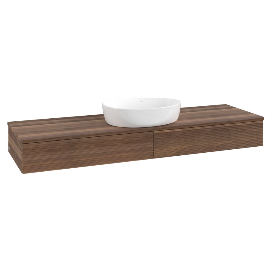 Élément inférieur  Antao
160 x 19 x 50 cm
2&nbsp;éléments de tiroir, 1&nbsp;tiroir chacune
avec siphon gain de place
avec matériel de fixation
pour 1 lavabo à poser 234171/234172/234173
recouvrement Warm Walnut
sans trou pour robinet