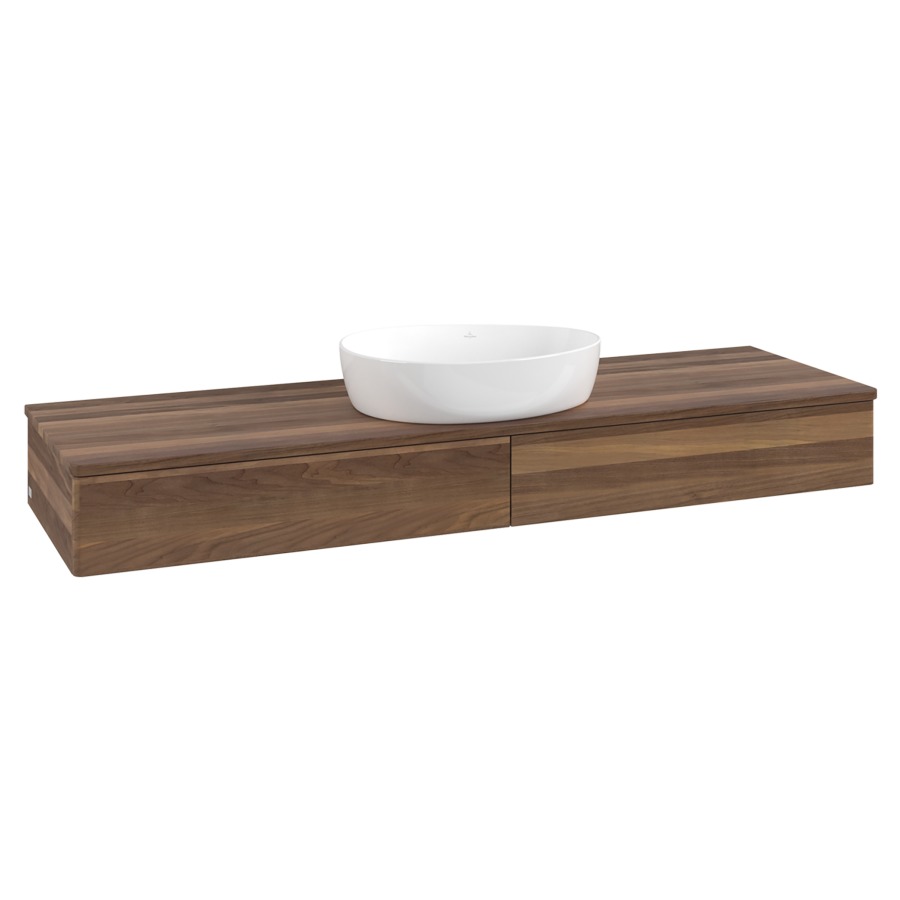 Élément inférieur  Antao
160 x 19 x 50 cm
2&nbsp;éléments de tiroir, 1&nbsp;tiroir chacune
avec siphon gain de place
avec matériel de fixation
pour 1 lavabo à poser 234171/234172/234173
recouvrement Warm Walnut
sans trou pour robinet