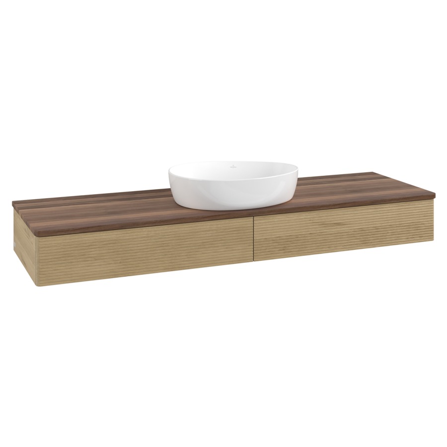 Élément inférieur  Antao
160 x 19 x 50 cm
2&nbsp;éléments de tiroir, 1&nbsp;tiroir chacune
avec siphon gain de place
avec matériel de fixation
pour 1 lavabo à poser 234171/234172/234173
recouvrement Warm Walnut
sans trou pour robinet