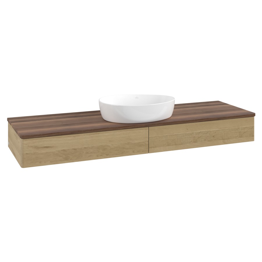 Élément inférieur  Antao
160 x 19 x 50 cm
2&nbsp;éléments de tiroir, 1&nbsp;tiroir chacune
avec siphon gain de place
avec matériel de fixation
pour 1 lavabo à poser 234171/234172/234173
recouvrement Warm Walnut
sans trou pour robinet