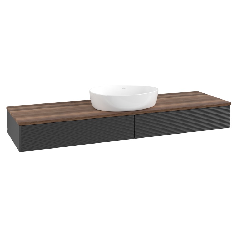 Élément inférieur  Antao
160 x 19 x 50 cm
2&nbsp;éléments de tiroir, 1&nbsp;tiroir chacune
avec siphon gain de place
avec matériel de fixation
pour 1 lavabo à poser 234171/234172/234173
recouvrement Warm Walnut
sans trou pour robinet