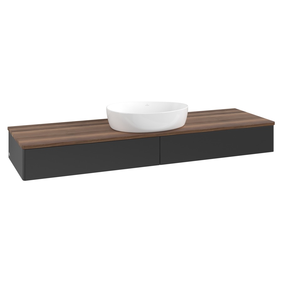 Élément inférieur  Antao
160 x 19 x 50 cm
2&nbsp;éléments de tiroir, 1&nbsp;tiroir chacune
avec siphon gain de place
avec matériel de fixation
pour 1 lavabo à poser 234171/234172/234173
recouvrement Warm Walnut
sans trou pour robinet