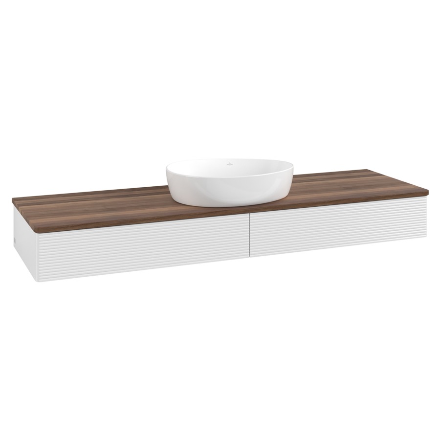 Élément inférieur  Antao
160 x 19 x 50 cm
2&nbsp;éléments de tiroir, 1&nbsp;tiroir chacune
avec siphon gain de place
avec matériel de fixation
pour 1 lavabo à poser 234171/234172/234173
recouvrement Warm Walnut
sans trou pour robinet