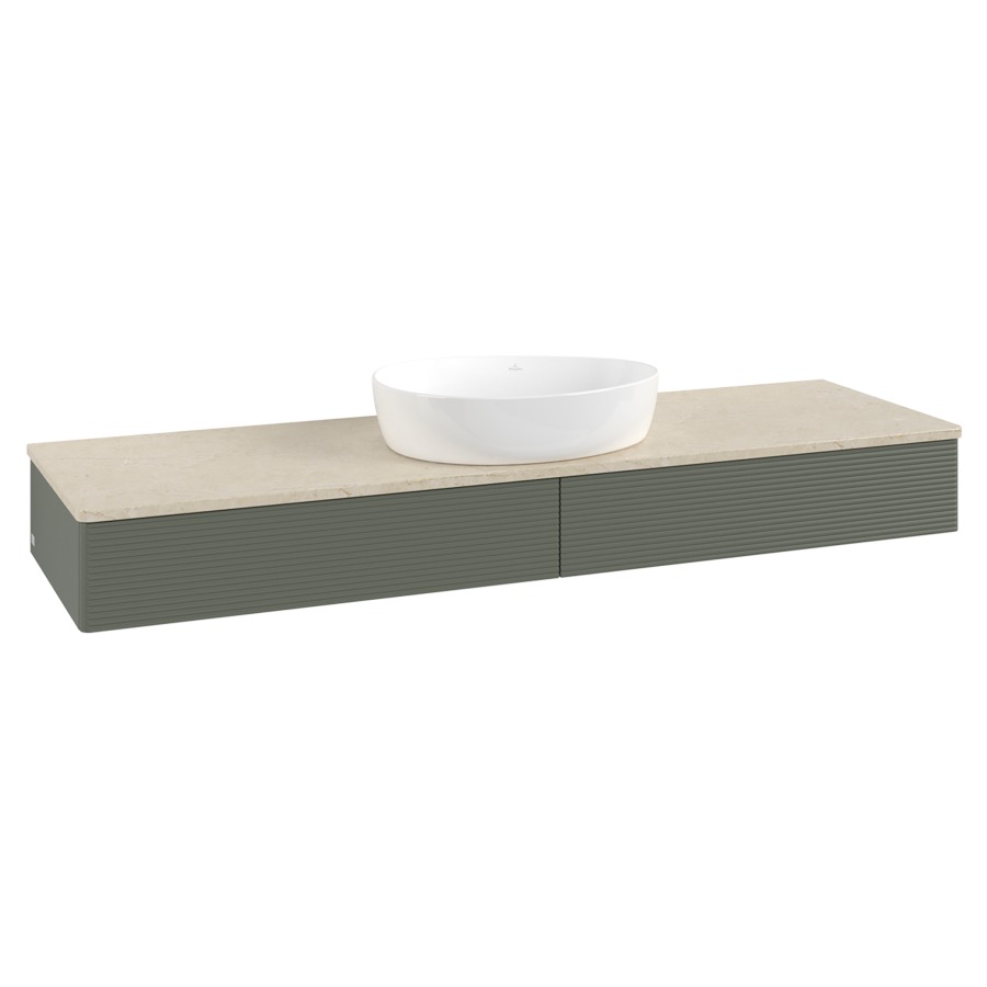 Élément inférieur  Antao
160 x 19 x 50 cm
2&nbsp;éléments de tiroir, 1&nbsp;tiroir chacune
avec siphon gain de place
avec matériel de fixation
pour 1 lavabo à poser 234171/234172/234173
recouvrement Botticino
sans trou pour robinet