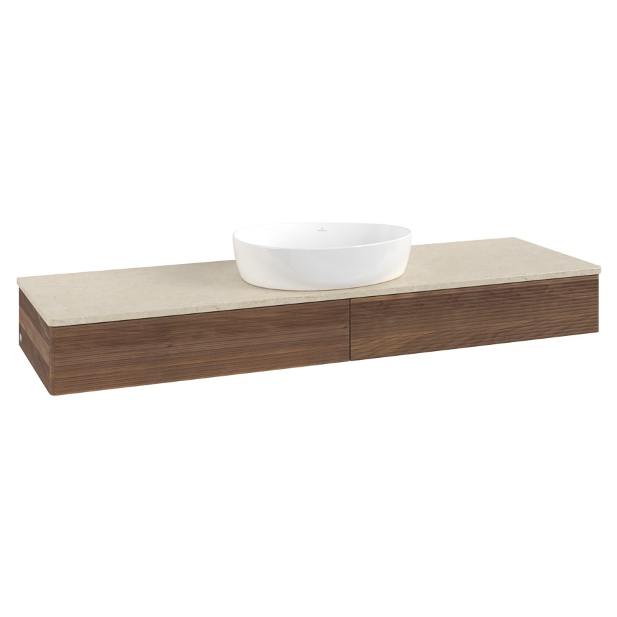 Élément inférieur  Antao
160 x 19 x 50 cm
2&nbsp;éléments de tiroir, 1&nbsp;tiroir chacune
avec siphon gain de place
avec matériel de fixation
pour 1 lavabo à poser 234171/234172/234173
recouvrement Botticino
sans trou pour robinet