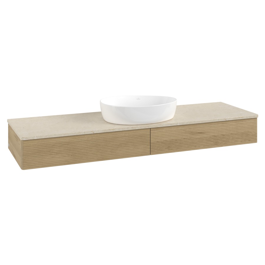 Élément inférieur  Antao
160 x 19 x 50 cm
2&nbsp;éléments de tiroir, 1&nbsp;tiroir chacune
avec siphon gain de place
avec matériel de fixation
pour 1 lavabo à poser 234171/234172/234173
recouvrement Botticino
sans trou pour robinet