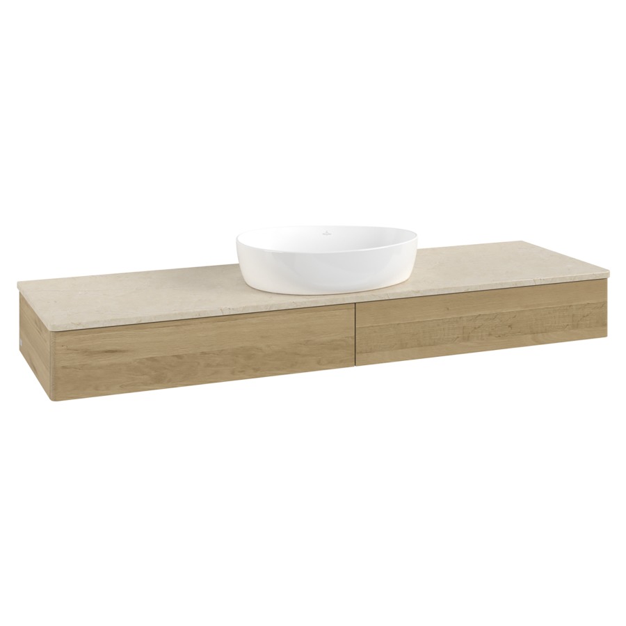 Élément inférieur  Antao
160 x 19 x 50 cm
2&nbsp;éléments de tiroir, 1&nbsp;tiroir chacune
avec siphon gain de place
avec matériel de fixation
pour 1 lavabo à poser 234171/234172/234173
recouvrement Botticino
sans trou pour robinet