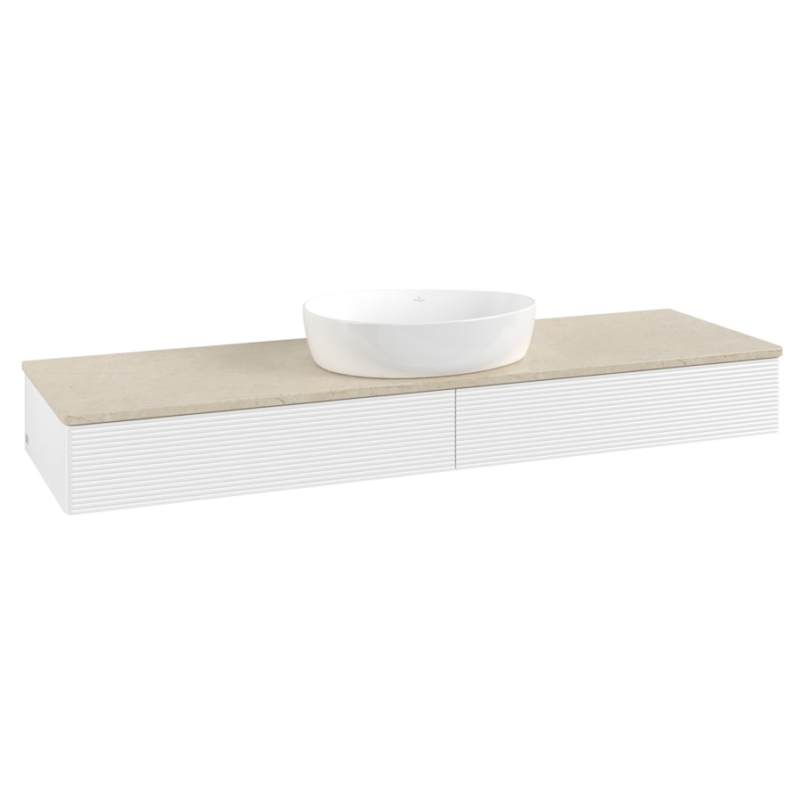 Élément inférieur  Antao
160 x 19 x 50 cm
2&nbsp;éléments de tiroir, 1&nbsp;tiroir chacune
avec siphon gain de place
avec matériel de fixation
pour 1 lavabo à poser 234171/234172/234173
recouvrement Botticino
sans trou pour robinet