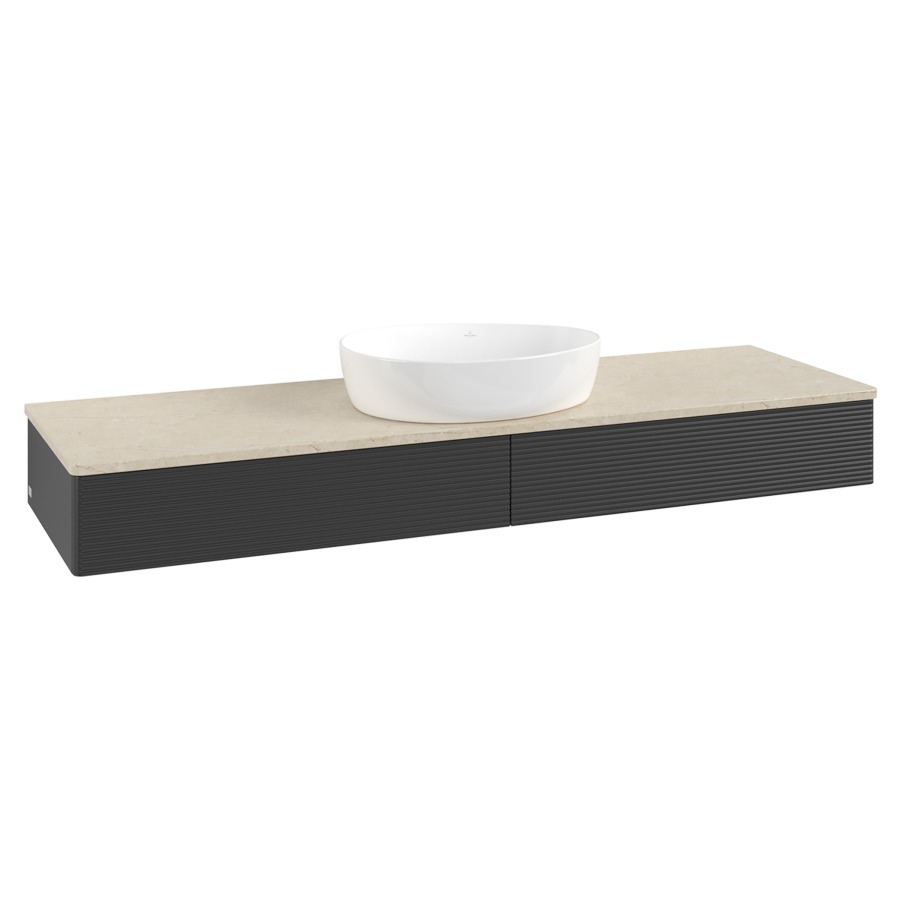 Élément inférieur  Antao
160 x 19 x 50 cm
2&nbsp;éléments de tiroir, 1&nbsp;tiroir chacune
avec siphon gain de place
avec matériel de fixation
pour 1 lavabo à poser 234171/234172/234173
recouvrement Botticino
sans trou pour robinet