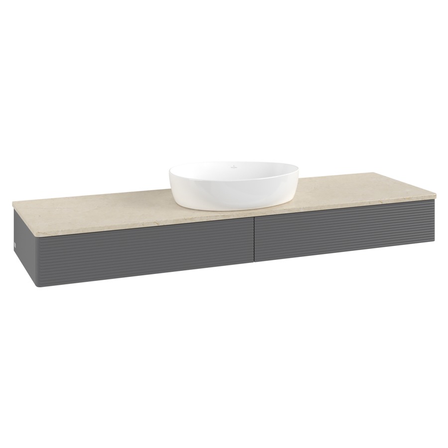 Élément inférieur  Antao
160 x 19 x 50 cm
2&nbsp;éléments de tiroir, 1&nbsp;tiroir chacune
avec siphon gain de place
avec matériel de fixation
pour 1 lavabo à poser 234171/234172/234173
recouvrement Botticino
sans trou pour robinet