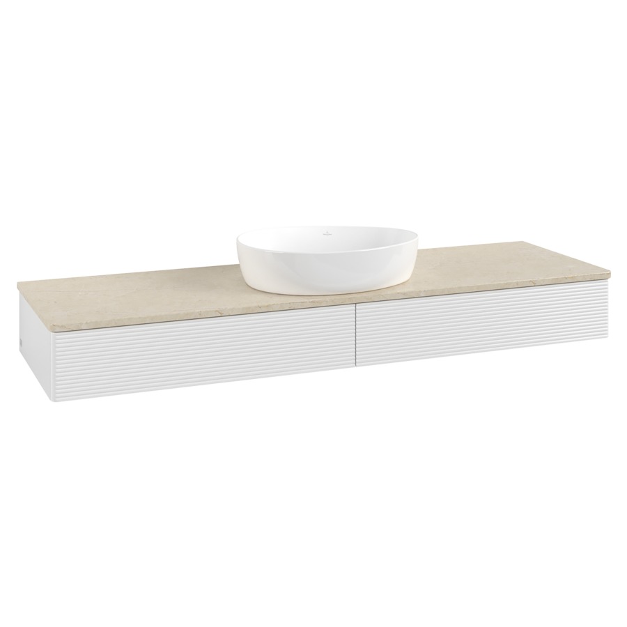 Élément inférieur  Antao
160 x 19 x 50 cm
2&nbsp;éléments de tiroir, 1&nbsp;tiroir chacune
avec siphon gain de place
avec matériel de fixation
pour 1 lavabo à poser 234171/234172/234173
recouvrement Botticino
sans trou pour robinet