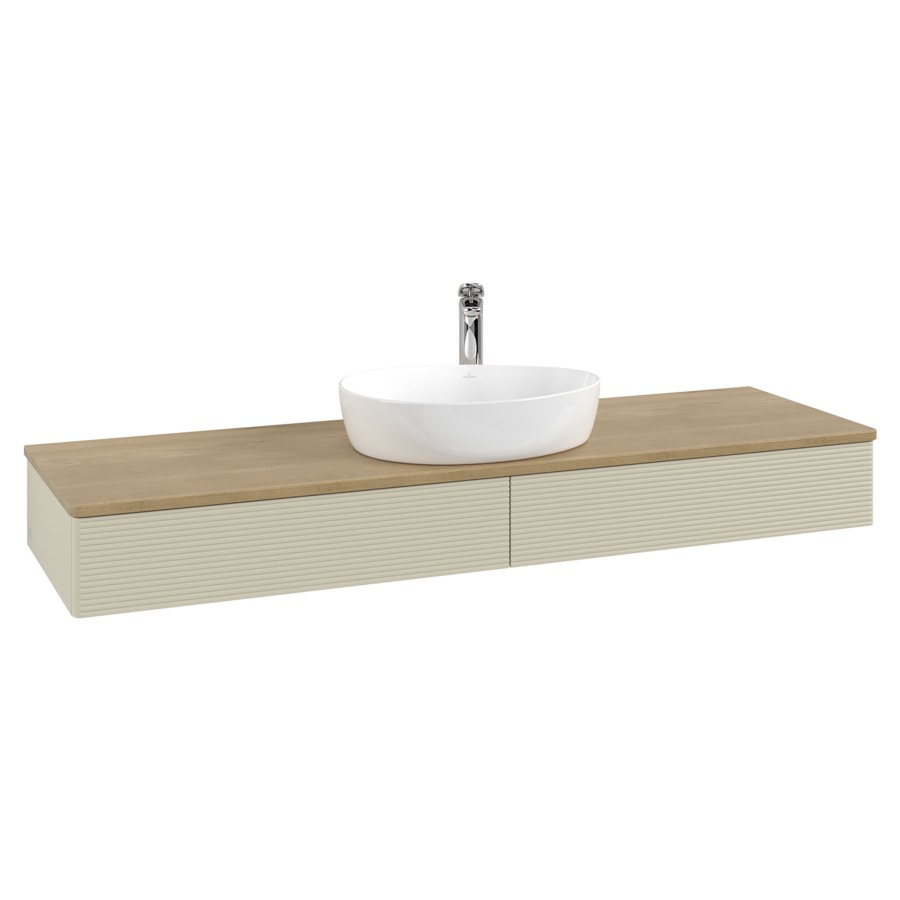 Élément inférieur  Antao
160 x 19 x 50 cm
2&nbsp;éléments de tiroir, 1&nbsp;tiroir chacune
avec siphon gain de place
avec matériel de fixation
pour 1 lavabo à poser 101037/101039/234171
recouvrement Honey Oak, 1 trou pour robinet