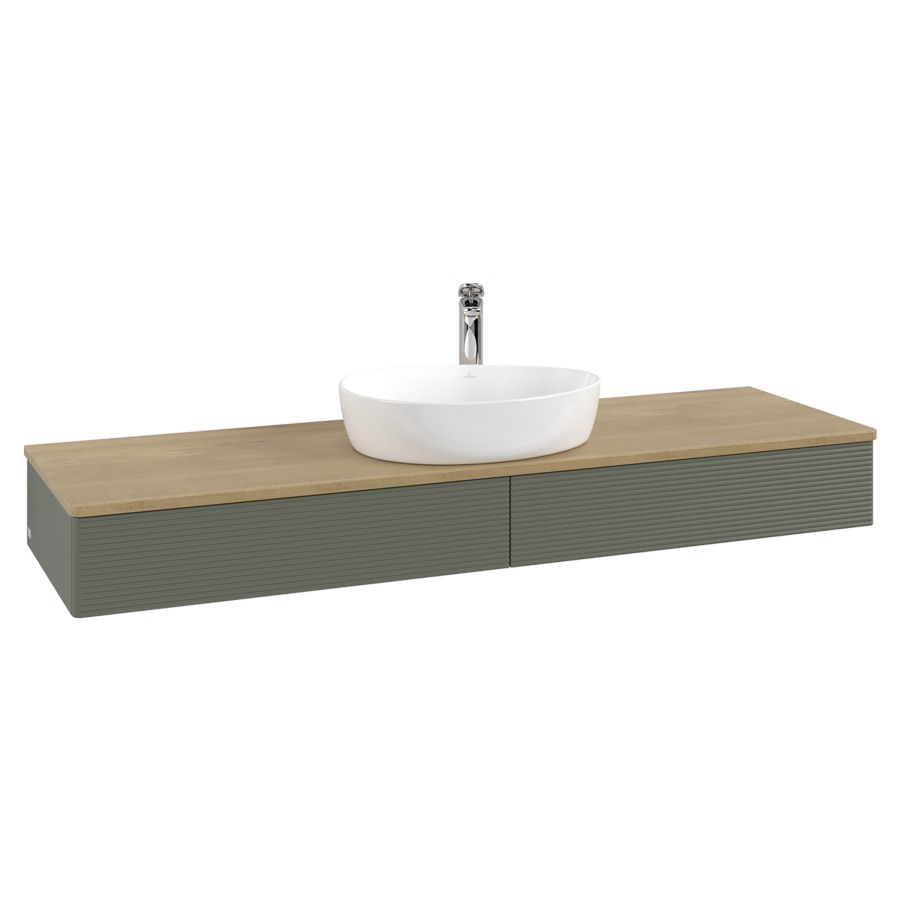 Élément inférieur  Antao
160 x 19 x 50 cm
2&nbsp;éléments de tiroir, 1&nbsp;tiroir chacune
avec siphon gain de place
avec matériel de fixation
pour 1 lavabo à poser 101037/101039/234171
recouvrement Honey Oak, 1 trou pour robinet