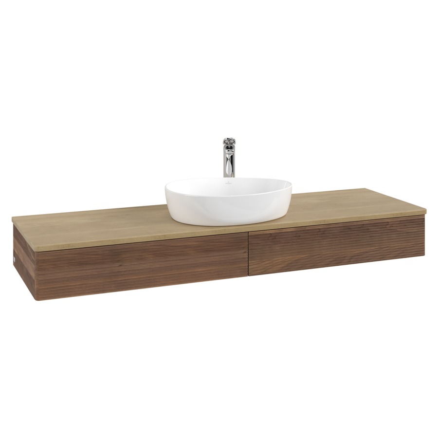 Élément inférieur  Antao
160 x 19 x 50 cm
2&nbsp;éléments de tiroir, 1&nbsp;tiroir chacune
avec siphon gain de place
avec matériel de fixation
pour 1 lavabo à poser 101037/101039/234171
recouvrement Honey Oak, 1 trou pour robinet