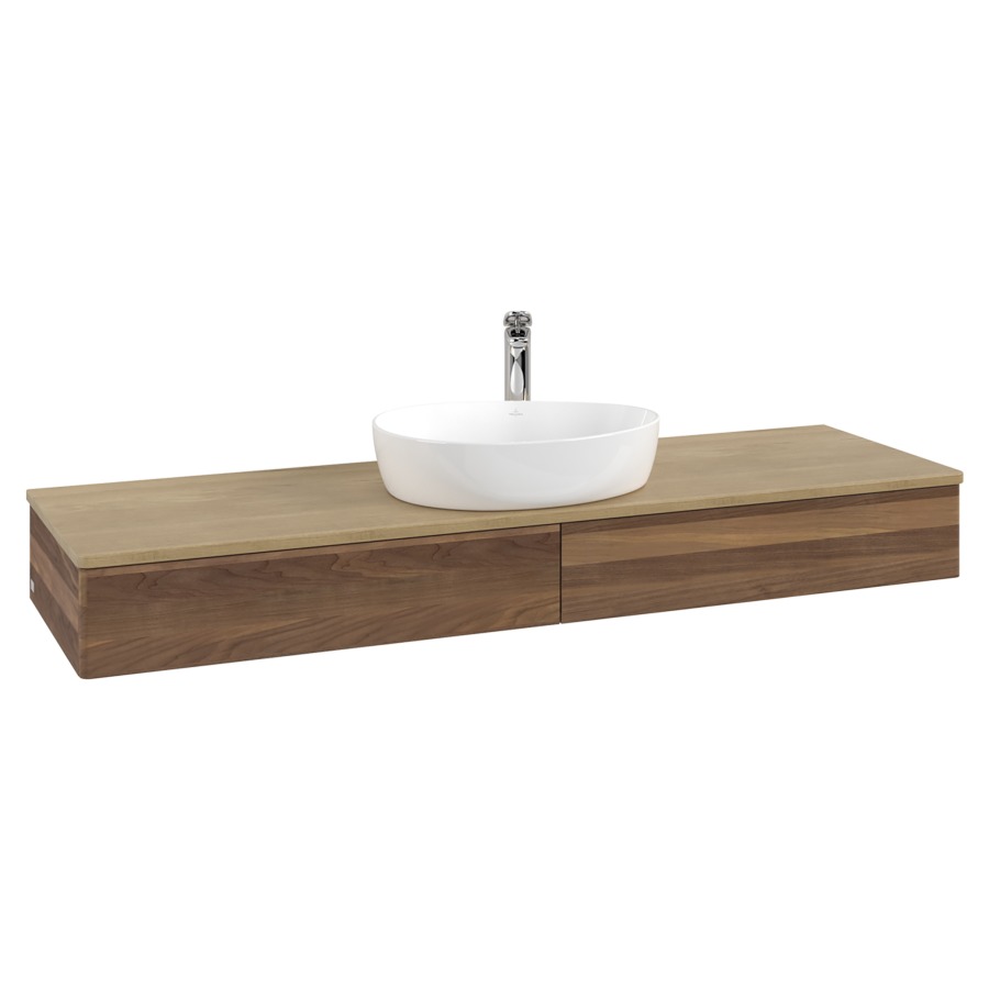 Élément inférieur  Antao
160 x 19 x 50 cm
2&nbsp;éléments de tiroir, 1&nbsp;tiroir chacune
avec siphon gain de place
avec matériel de fixation
pour 1 lavabo à poser 101037/101039/234171
recouvrement Honey Oak, 1 trou pour robinet