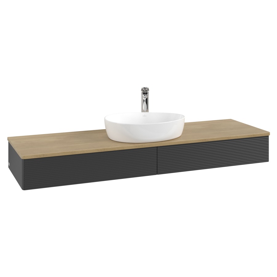 Élément inférieur  Antao
160 x 19 x 50 cm
2&nbsp;éléments de tiroir, 1&nbsp;tiroir chacune
avec siphon gain de place
avec matériel de fixation
pour 1 lavabo à poser 101037/101039/234171
recouvrement Honey Oak, 1 trou pour robinet