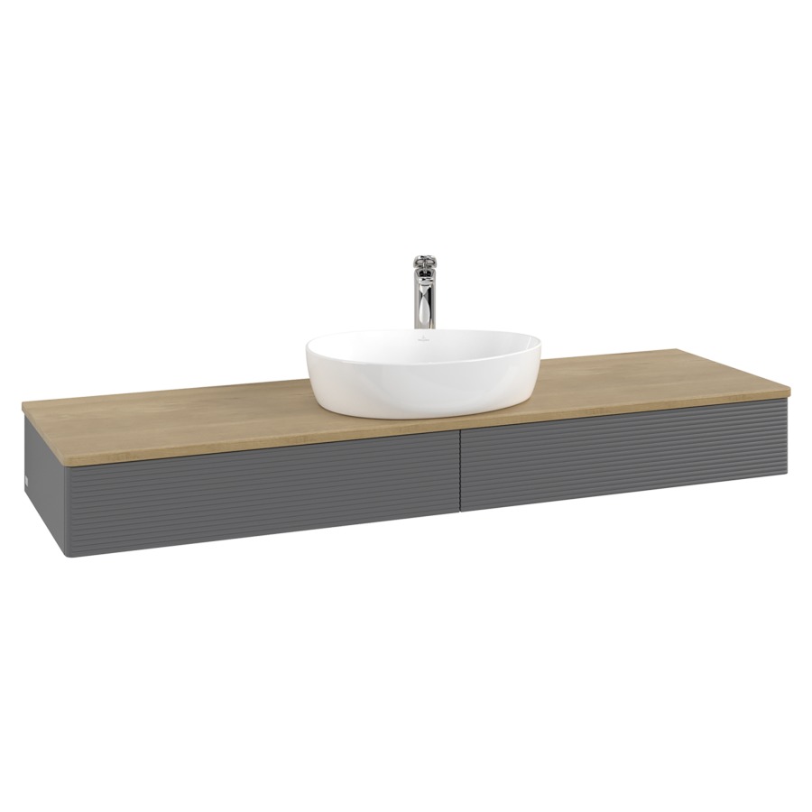 Élément inférieur  Antao
160 x 19 x 50 cm
2&nbsp;éléments de tiroir, 1&nbsp;tiroir chacune
avec siphon gain de place
avec matériel de fixation
pour 1 lavabo à poser 101037/101039/234171
recouvrement Honey Oak, 1 trou pour robinet