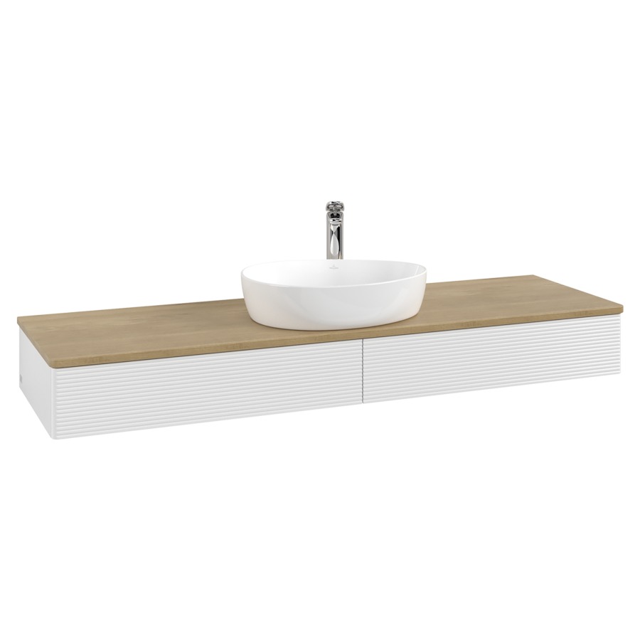 Élément inférieur  Antao
160 x 19 x 50 cm
2&nbsp;éléments de tiroir, 1&nbsp;tiroir chacune
avec siphon gain de place
avec matériel de fixation
pour 1 lavabo à poser 101037/101039/234171
recouvrement Honey Oak, 1 trou pour robinet