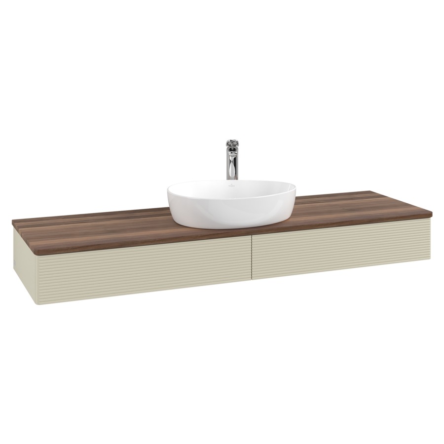 Élément inférieur  Antao
160 x 19 x 50 cm
2&nbsp;éléments de tiroir, 1&nbsp;tiroir chacune
avec siphon gain de place
avec matériel de fixation
pour 1 lavabo à poser 101037/101039/234171
recouvrement Warm Walnut, 1 trou pour robinet