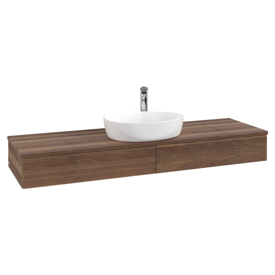 Élément inférieur  Antao
160 x 19 x 50 cm
2&nbsp;éléments de tiroir, 1&nbsp;tiroir chacune
avec siphon gain de place
avec matériel de fixation
pour 1 lavabo à poser 101037/101039/234171
recouvrement Warm Walnut, 1 trou pour robinet