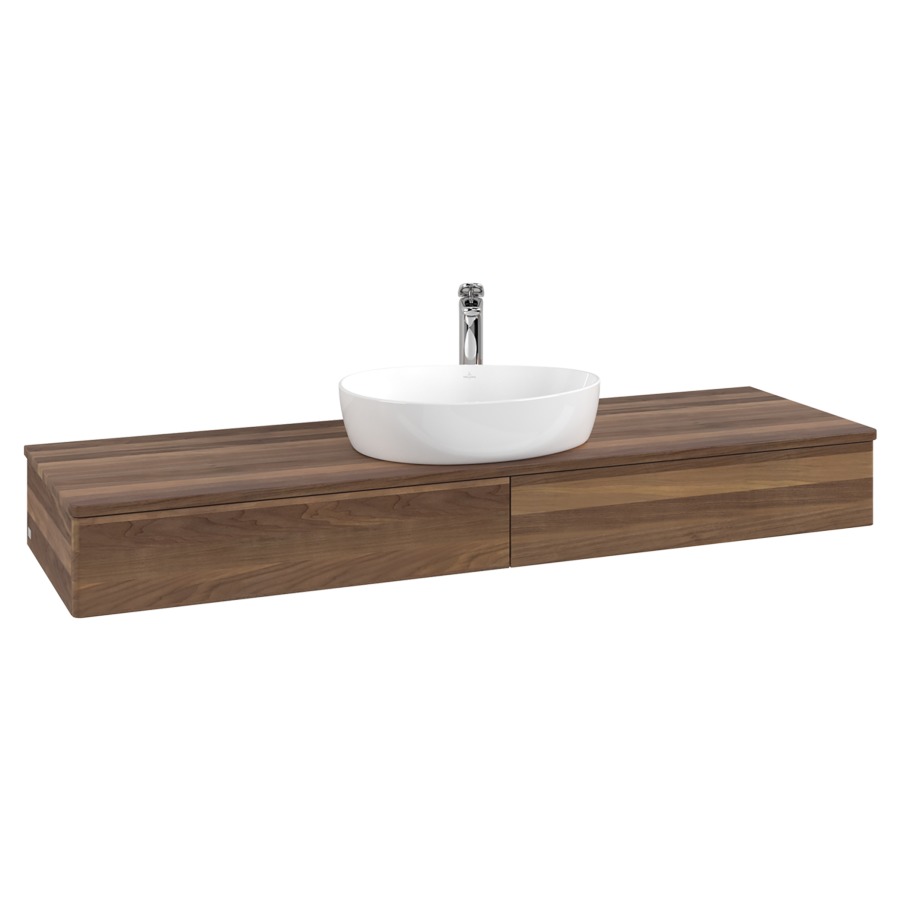 Élément inférieur  Antao
160 x 19 x 50 cm
2&nbsp;éléments de tiroir, 1&nbsp;tiroir chacune
avec siphon gain de place
avec matériel de fixation
pour 1 lavabo à poser 101037/101039/234171
recouvrement Warm Walnut, 1 trou pour robinet