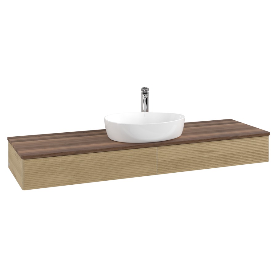 Élément inférieur  Antao
160 x 19 x 50 cm
2&nbsp;éléments de tiroir, 1&nbsp;tiroir chacune
avec siphon gain de place
avec matériel de fixation
pour 1 lavabo à poser 101037/101039/234171
recouvrement Warm Walnut, 1 trou pour robinet