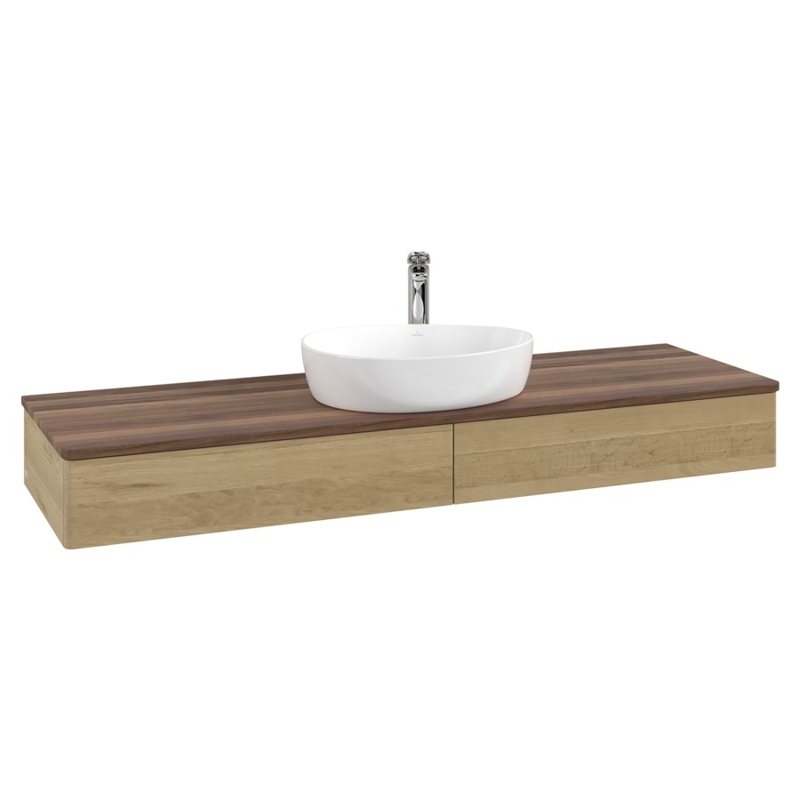 Élément inférieur  Antao
160 x 19 x 50 cm
2&nbsp;éléments de tiroir, 1&nbsp;tiroir chacune
avec siphon gain de place
avec matériel de fixation
pour 1 lavabo à poser 101037/101039/234171
recouvrement Warm Walnut, 1 trou pour robinet