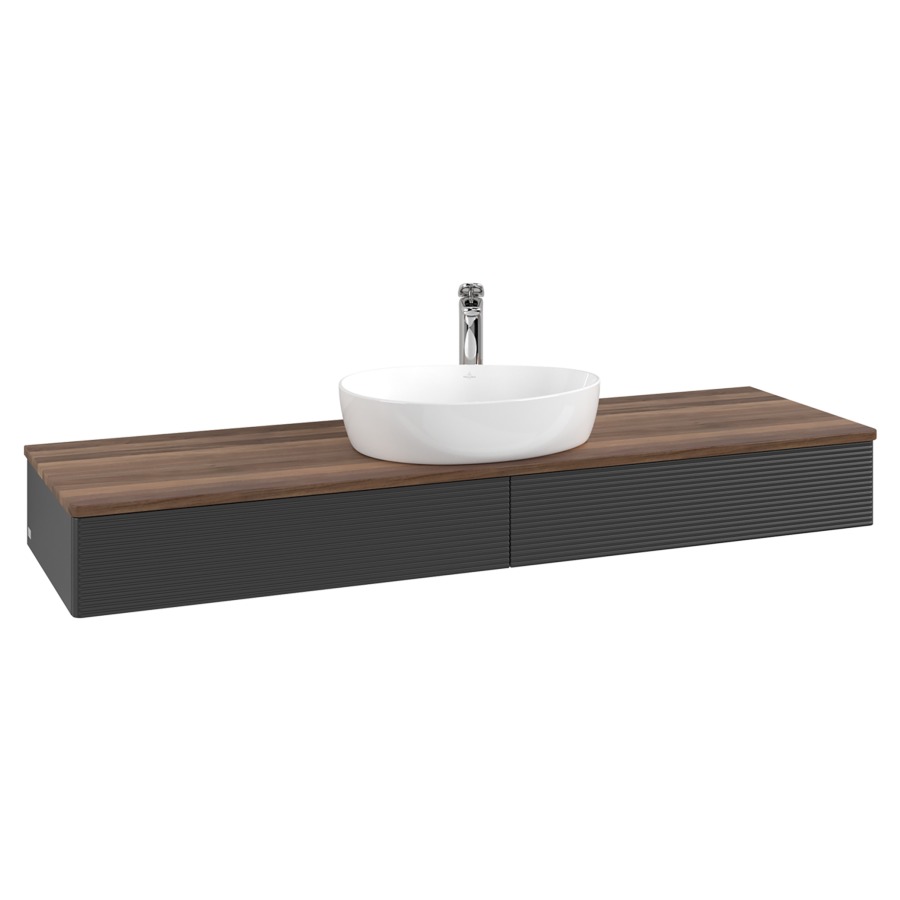 Élément inférieur  Antao
160 x 19 x 50 cm
2&nbsp;éléments de tiroir, 1&nbsp;tiroir chacune
avec siphon gain de place
avec matériel de fixation
pour 1 lavabo à poser 101037/101039/234171
recouvrement Warm Walnut, 1 trou pour robinet