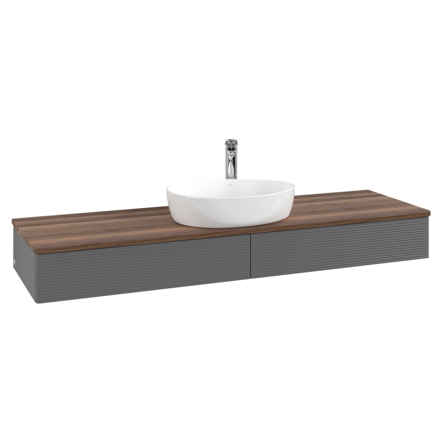 Élément inférieur  Antao
160 x 19 x 50 cm
2&nbsp;éléments de tiroir, 1&nbsp;tiroir chacune
avec siphon gain de place
avec matériel de fixation
pour 1 lavabo à poser 101037/101039/234171
recouvrement Warm Walnut, 1 trou pour robinet