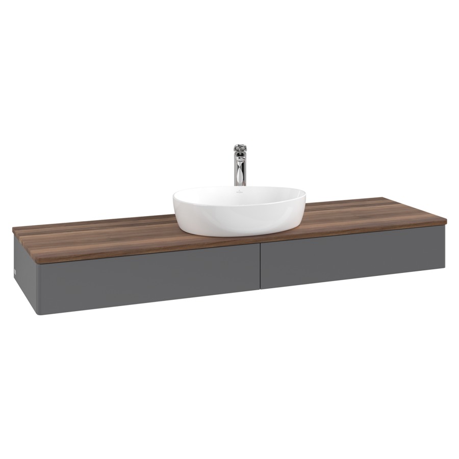 Élément inférieur  Antao
160 x 19 x 50 cm
2&nbsp;éléments de tiroir, 1&nbsp;tiroir chacune
avec siphon gain de place
avec matériel de fixation
pour 1 lavabo à poser 101037/101039/234171
recouvrement Warm Walnut, 1 trou pour robinet