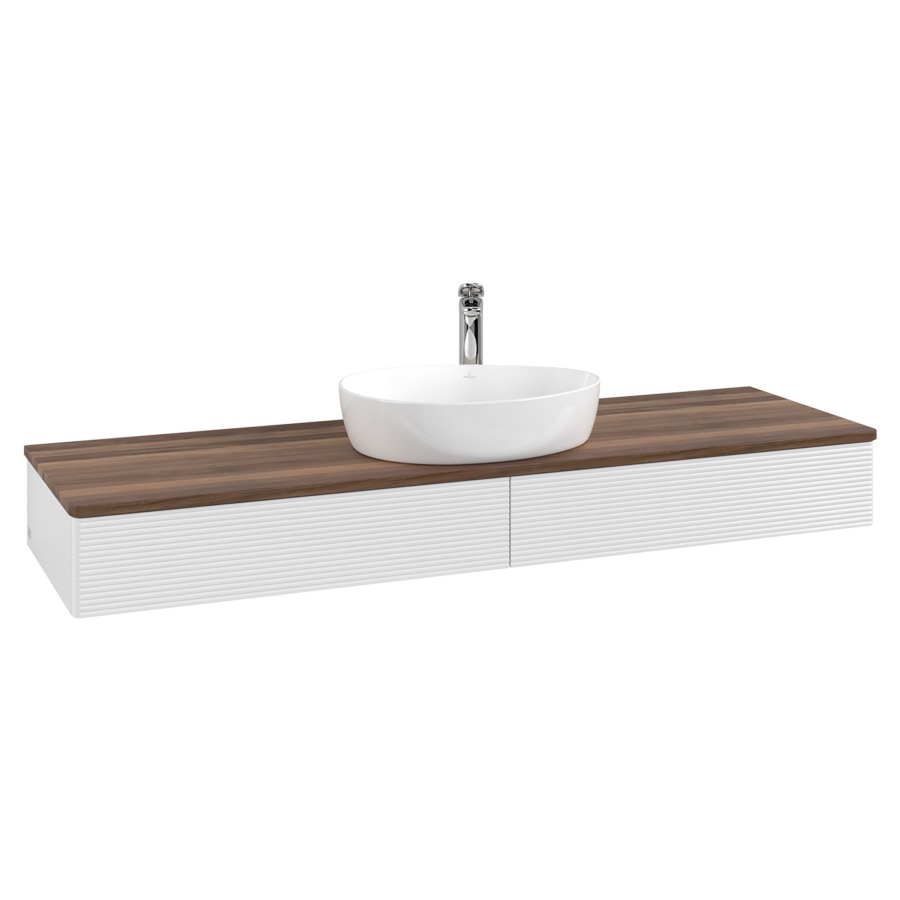 Élément inférieur  Antao
160 x 19 x 50 cm
2&nbsp;éléments de tiroir, 1&nbsp;tiroir chacune
avec siphon gain de place
avec matériel de fixation
pour 1 lavabo à poser 101037/101039/234171
recouvrement Warm Walnut, 1 trou pour robinet